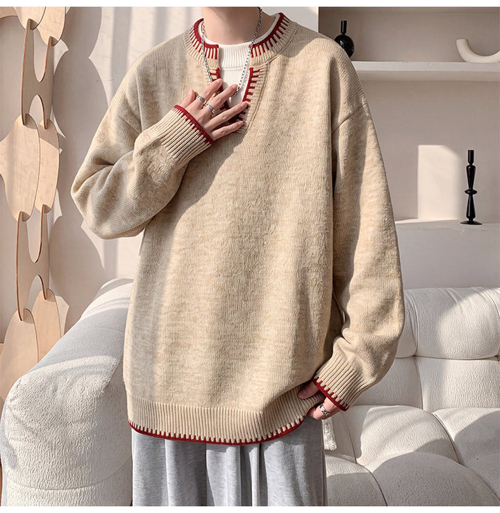 Contrast-trim V-neck sweater, front view of the cream sweater