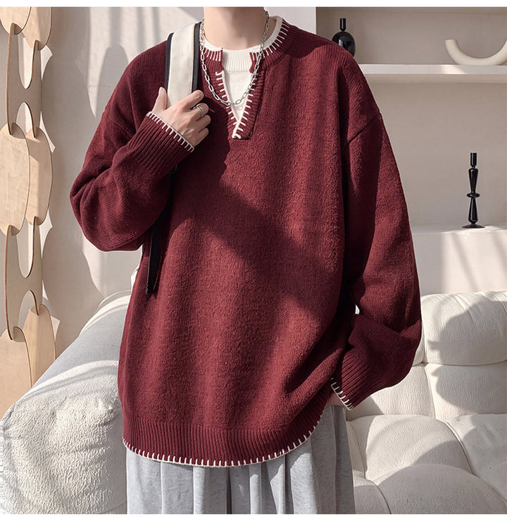 Contrast-trim V-neck sweater, front view of the burgundy sweater