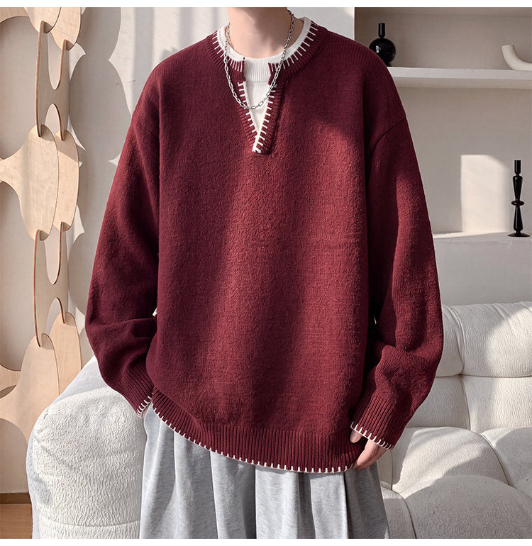 Contrast-trim V-neck sweater, front view showing the burgundy trim