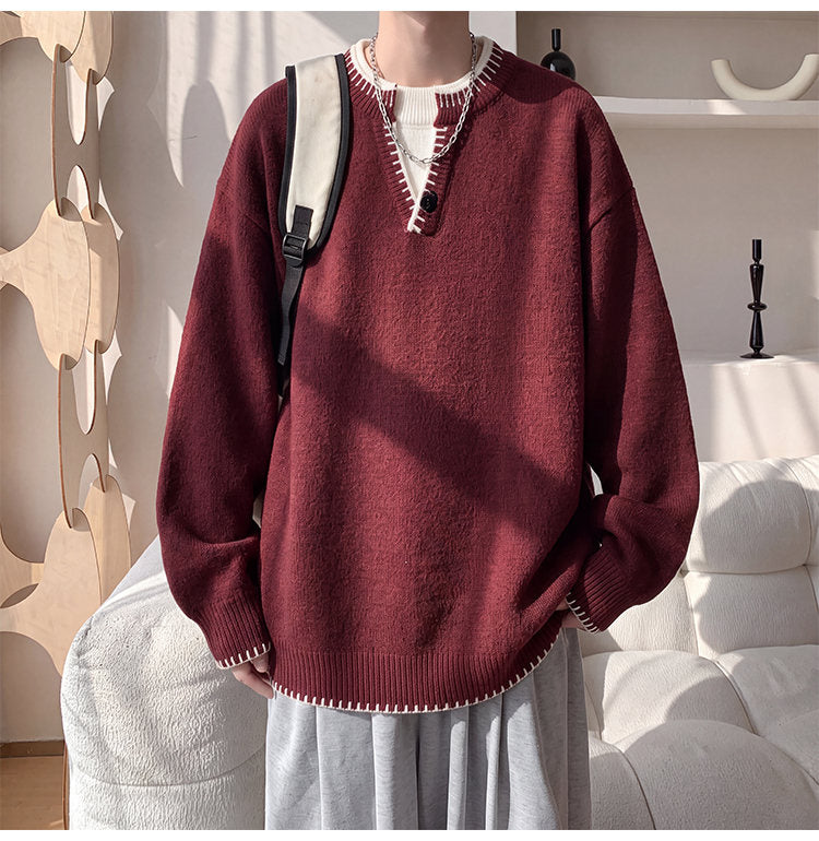 Contrast-trim V-neck sweater, front view of the burgundy colorway