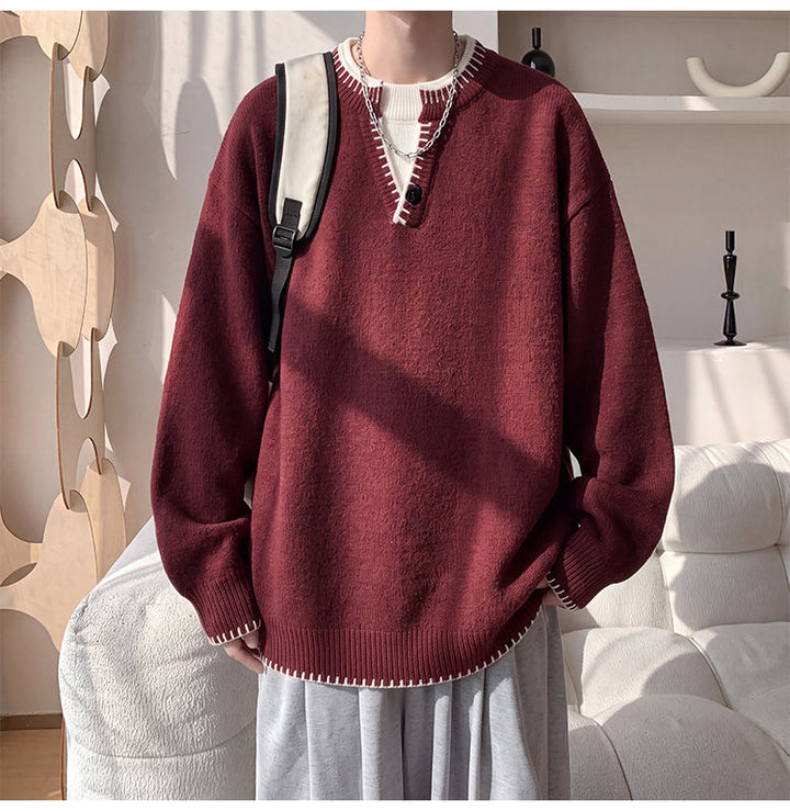 Contrast-trim V-neck sweater, front view of the burgundy colorway