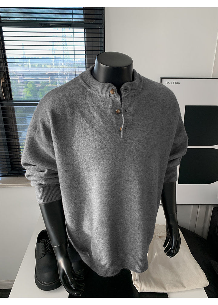 Stand-collar button knit sweater, front view of the gray sweater