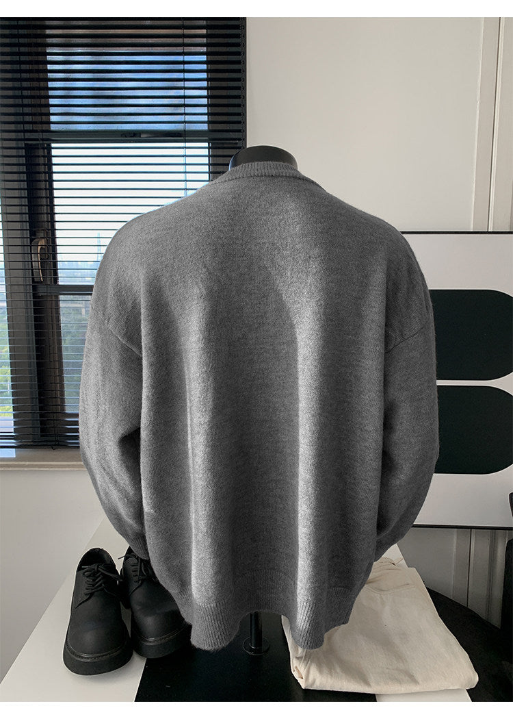 Stand-collar button knit sweater, back view of the gray sweater