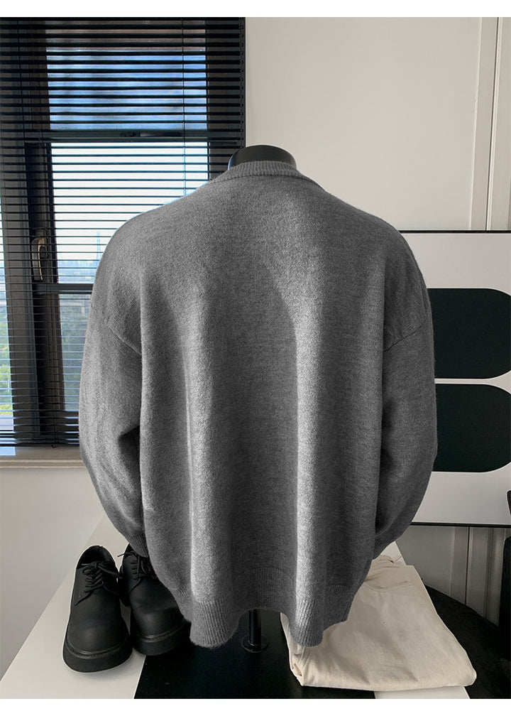 Stand-collar button knit sweater, back view of the gray sweater