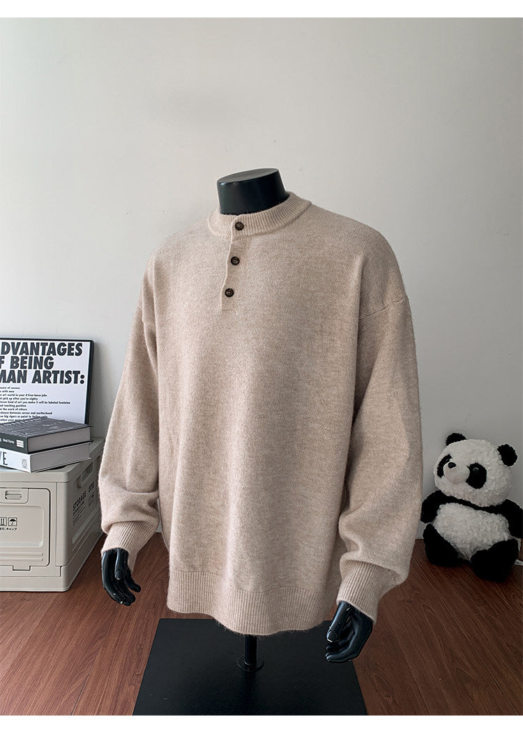 Stand-collar button knit sweater, back view of the taupe sweater