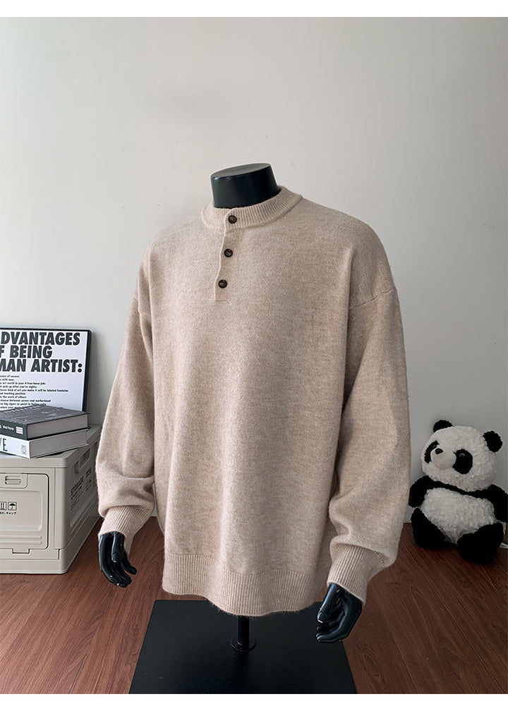 Stand-collar button knit sweater, back view of the taupe sweater
