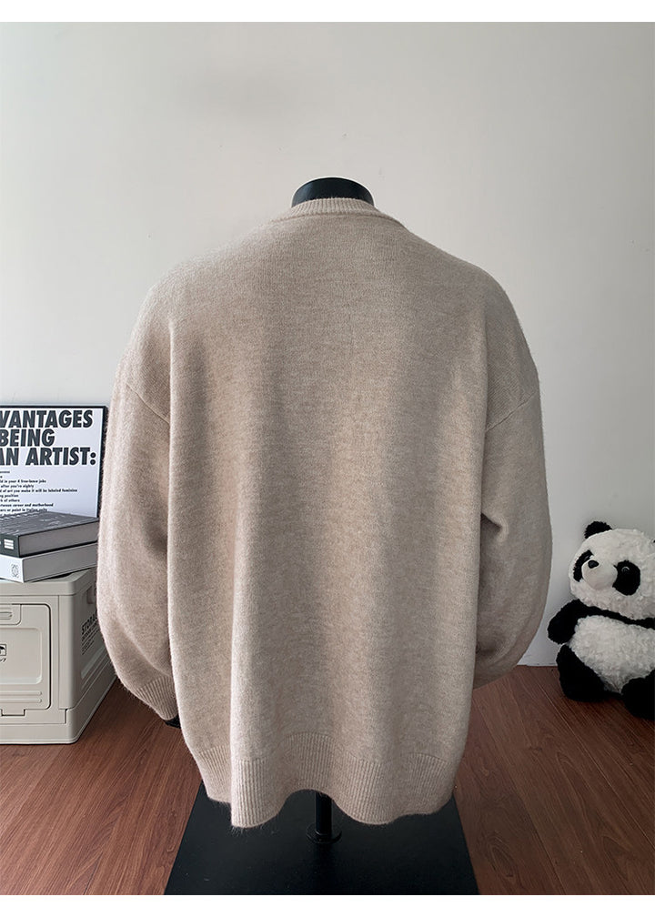 Stand-collar button knit sweater, front view of the taupe sweater