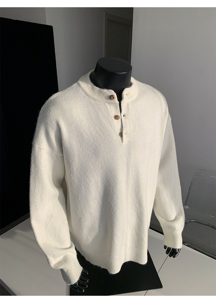 Stand-collar button knit sweater, front view of the cream sweater