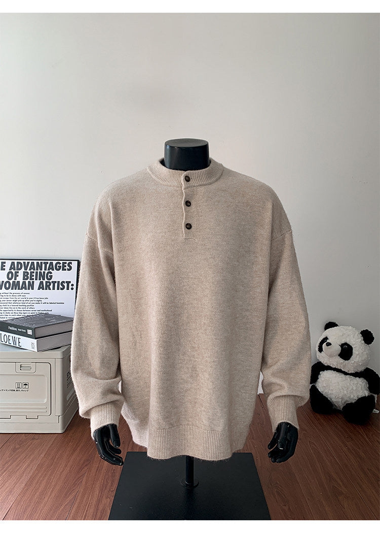 Stand-collar button knit sweater, front view of the taupe sweater