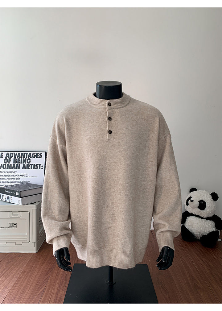 Stand-collar button knit sweater, front view of the taupe sweater
