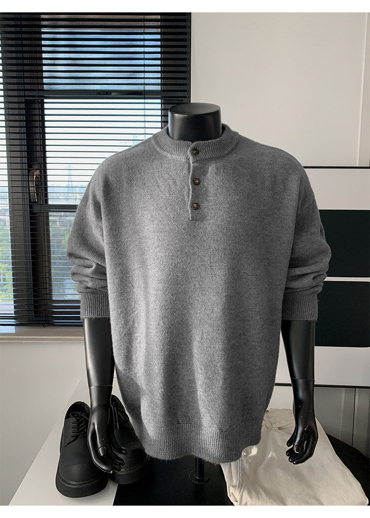 Stand-collar button knit sweater, front view of the gray sweater