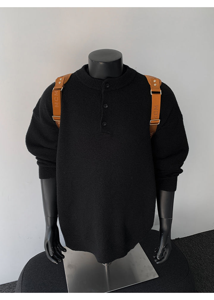 Stand-collar button knit sweater, front view showing the button placket