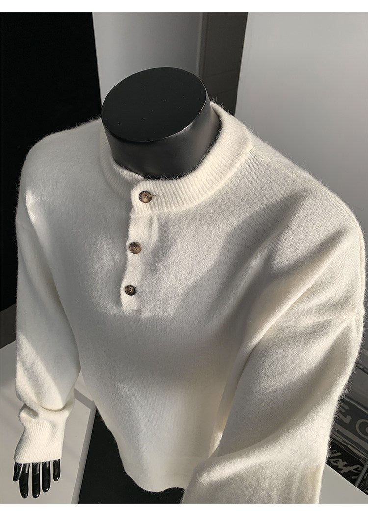 Stand-collar button knit sweater, front view of the black knit texture
