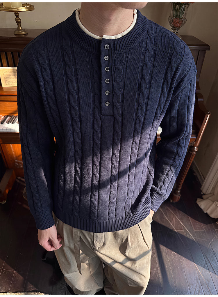 Layered henley knit sweater, front view of the navy henley sweater