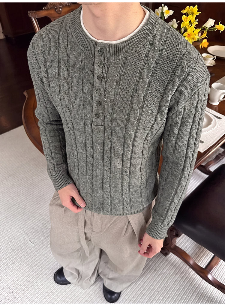 Layered henley knit sweater, front view of the gray henley sweater