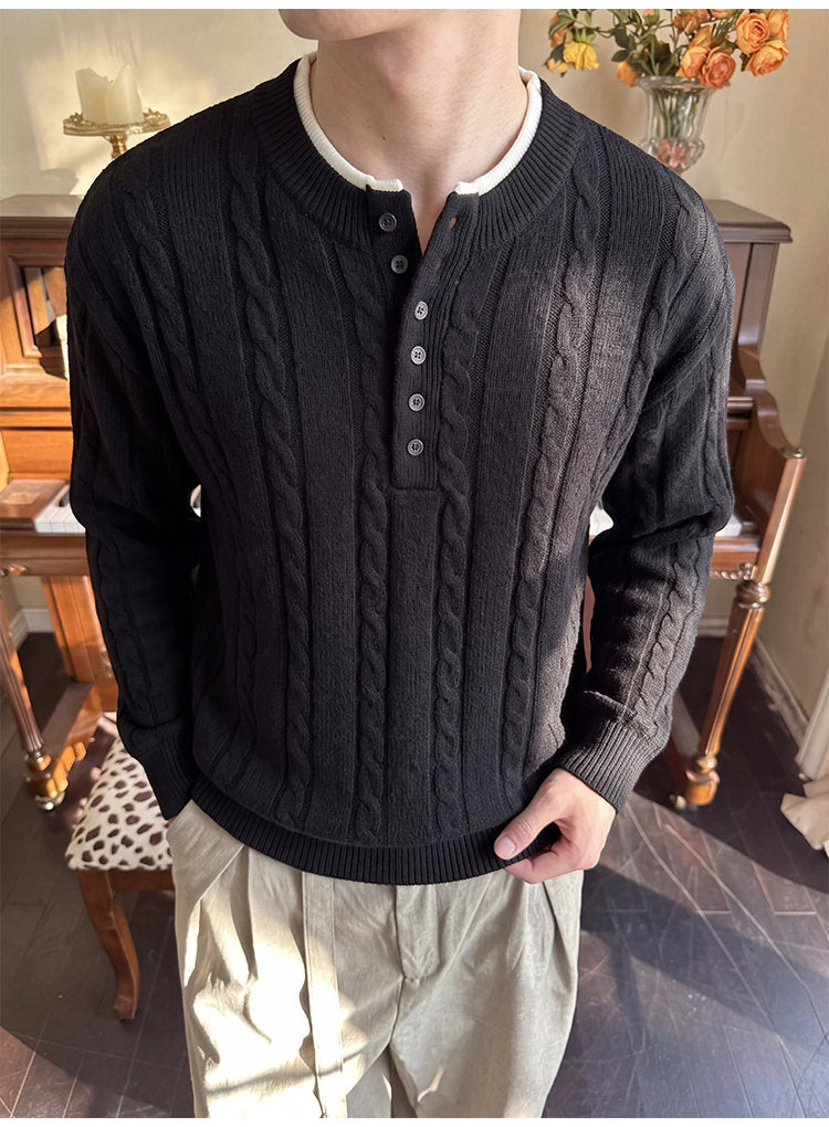 Layered henley knit sweater, angled view of the black sweater