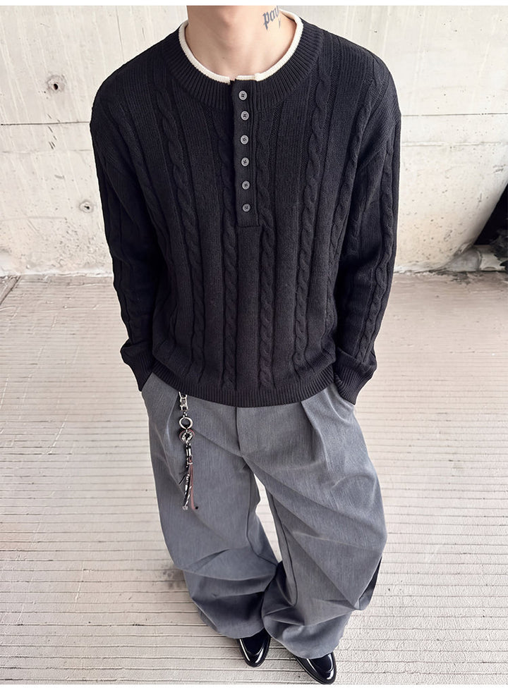 Layered henley knit sweater, front view showing the cable texture