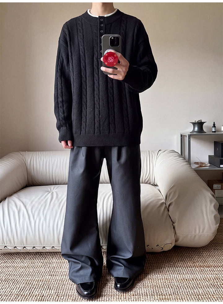 Layered henley knit sweater, styled view of the black sweater
