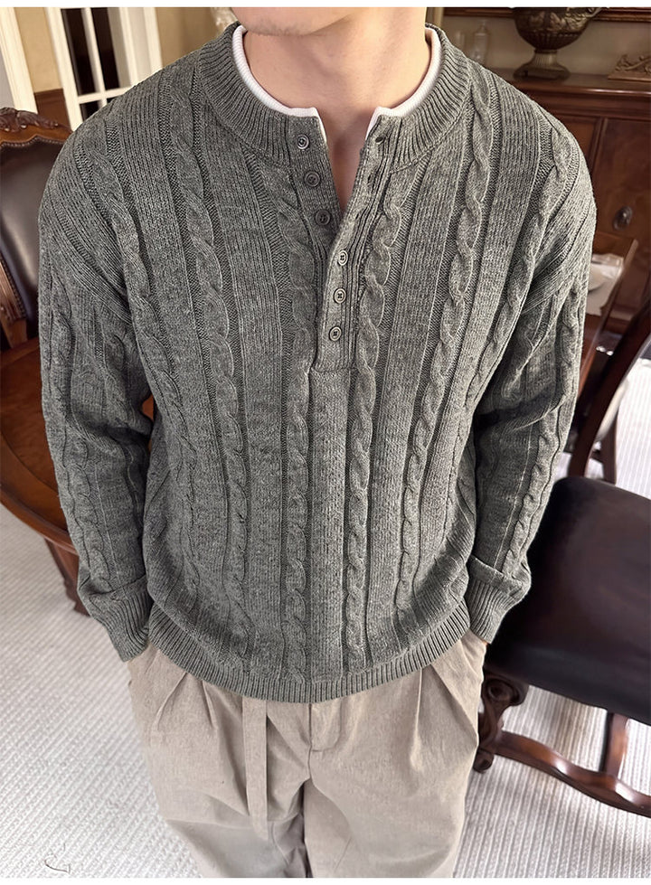 Layered henley knit sweater, front view of the gray sweater