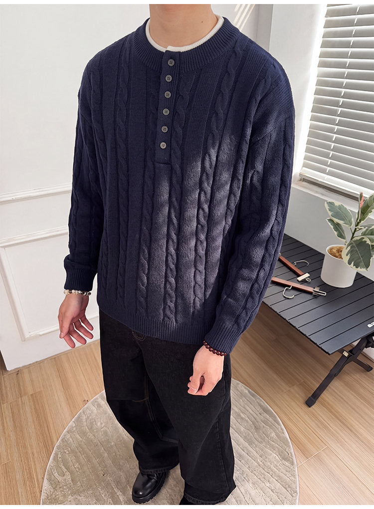 Layered henley knit sweater, front view of the navy sweater