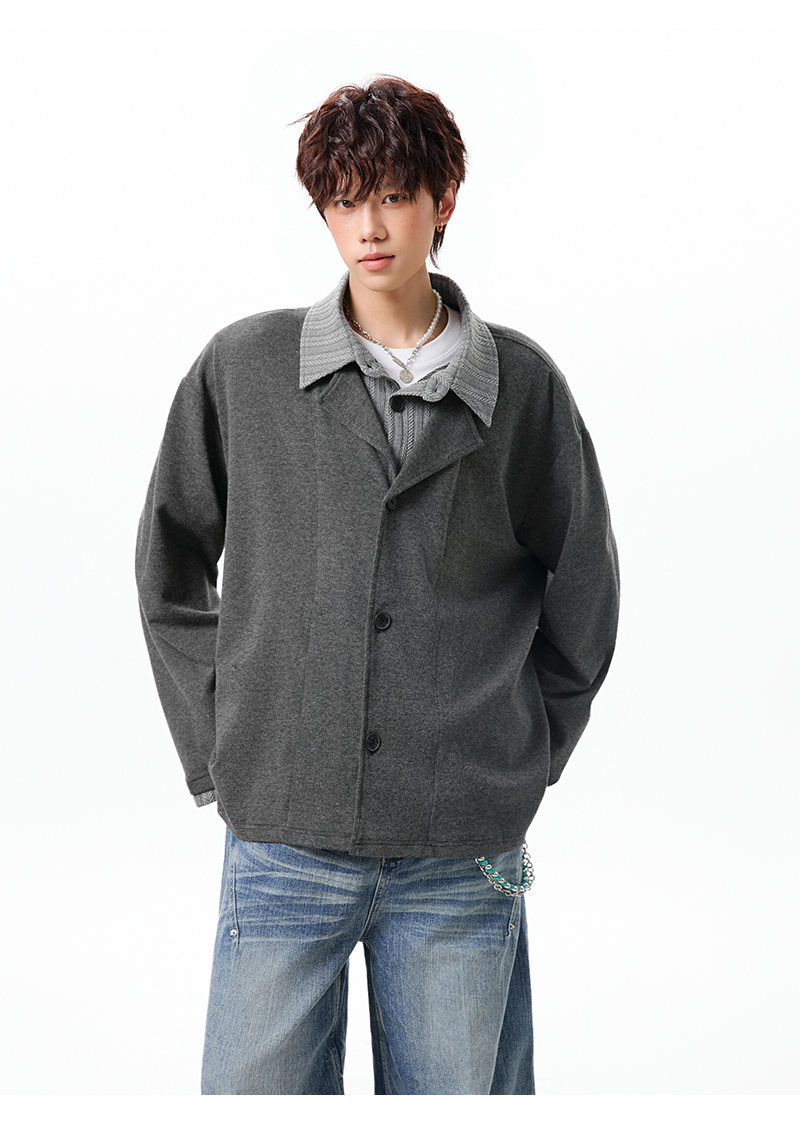 Layered lapel jacket, front view of the charcoal colorway