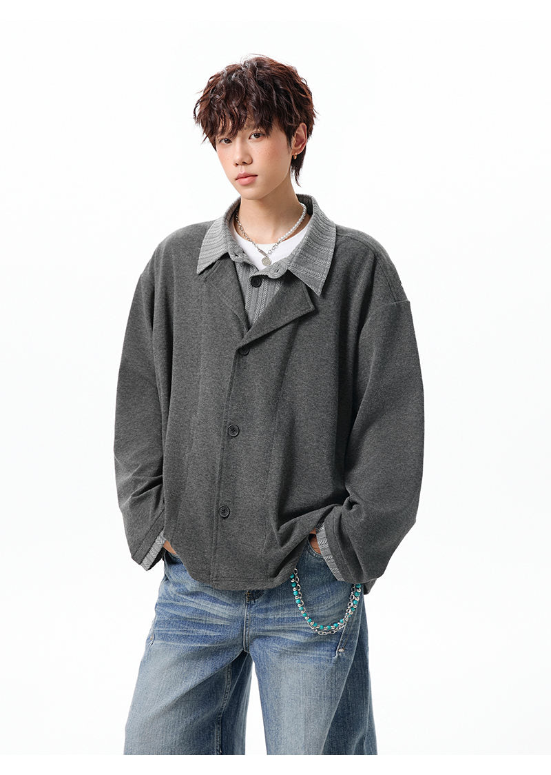 Layered lapel jacket, front view of the charcoal layered jacket