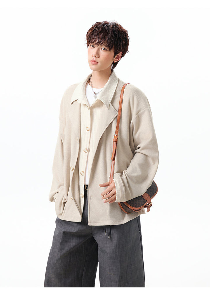Layered lapel jacket, styled view of the cream jacket