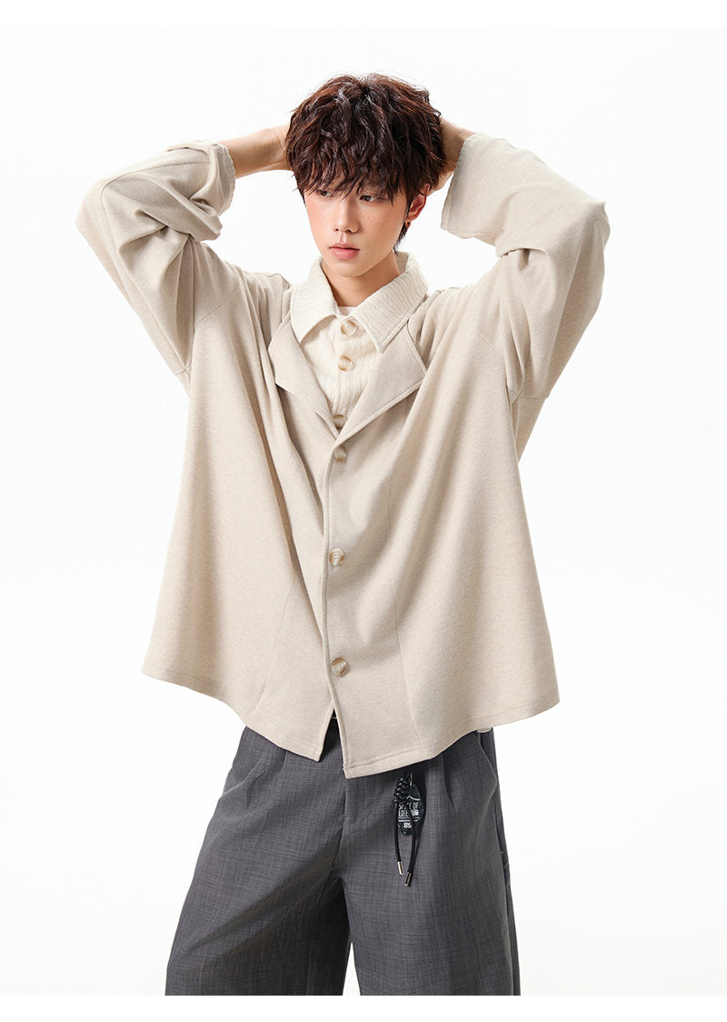 Layered lapel jacket, angled view with a shoulder bag