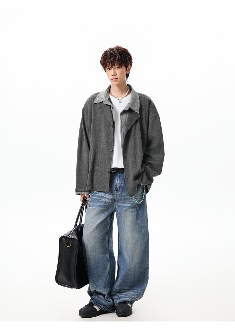 Layered lapel jacket, front view of the charcoal jacket