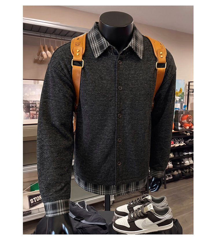 Layered plaid-collar jacket, front view of the charcoal plaid-collar jacket