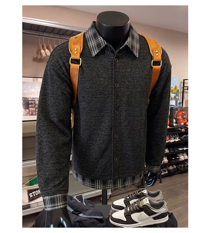 Layered plaid-collar jacket, front view of the charcoal plaid-collar jacket