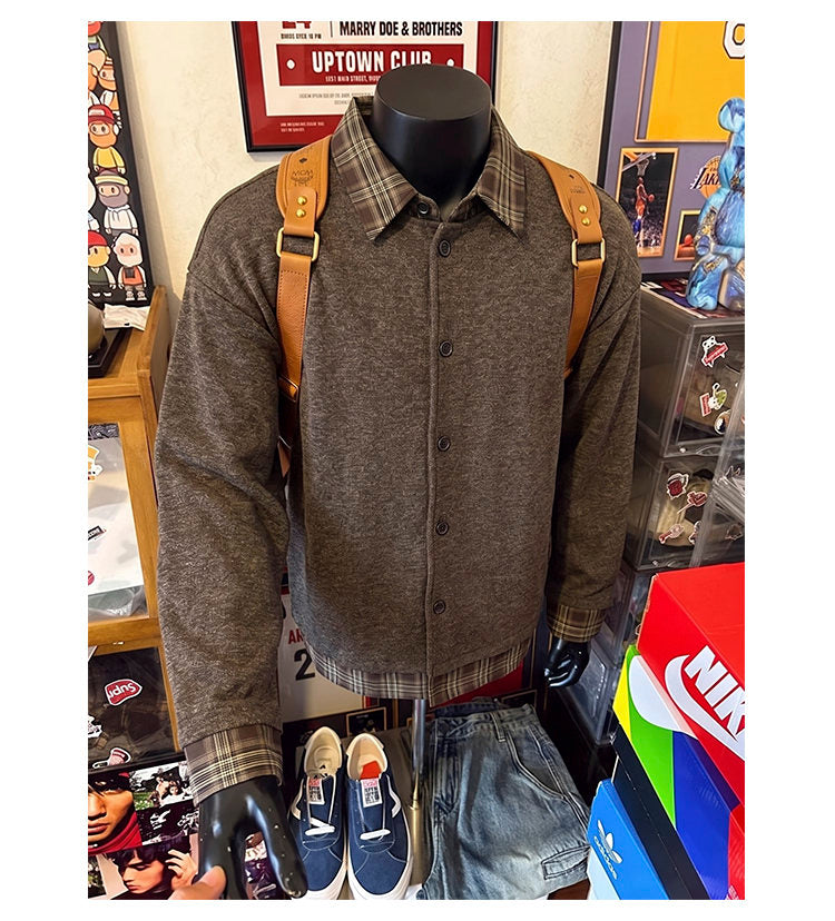 Layered plaid-collar jacket, front view of the brown plaid-collar jacket