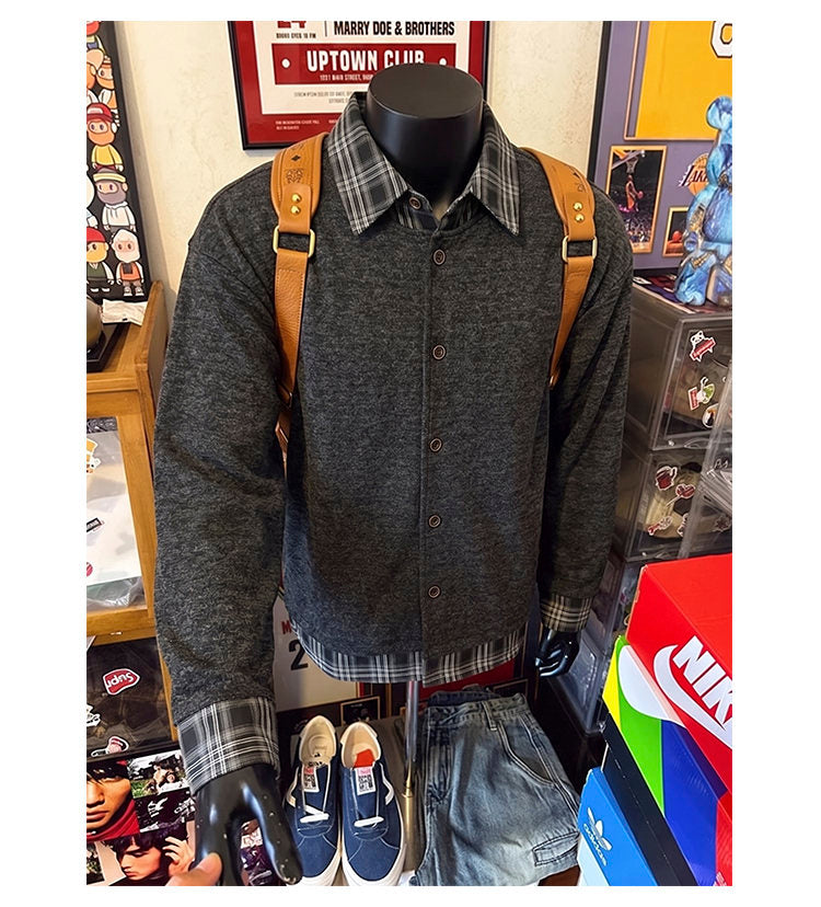 Layered plaid-collar jacket, angled view of the charcoal jacket