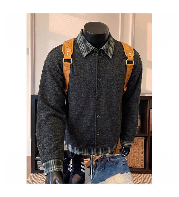 Layered plaid-collar jacket, front view showing the plaid collar