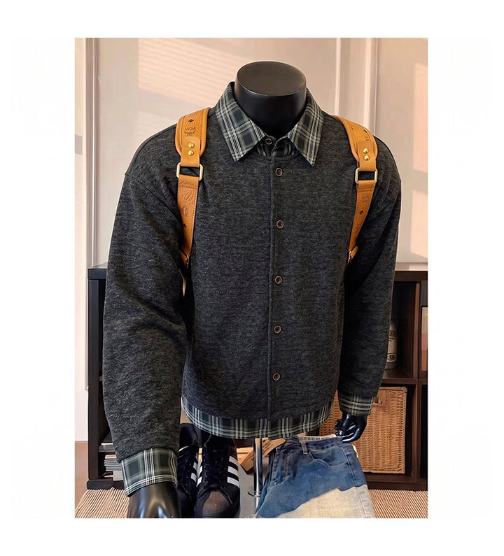 Layered plaid-collar jacket, front view showing the plaid collar