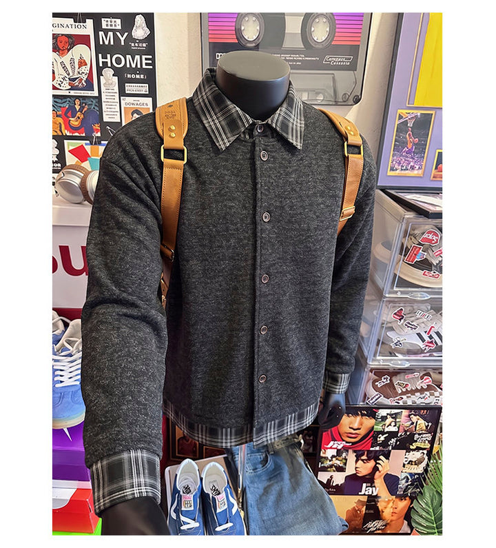 Layered plaid-collar jacket, front view of the brown jacket