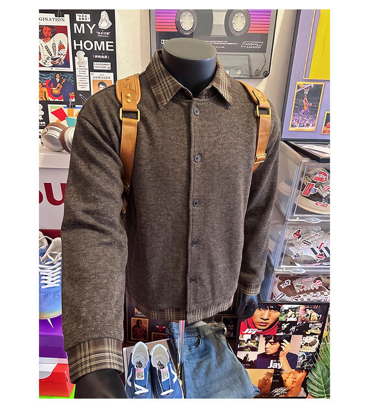 Layered plaid-collar jacket, front view of the charcoal jacket