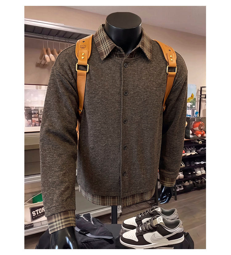 Layered plaid-collar jacket, front view of the brown jacket