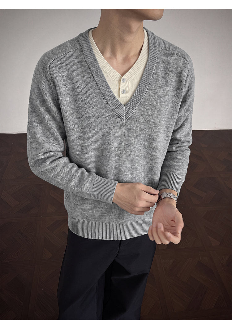 Layered V-neck knit sweater, front view of the gray layered V-neck
