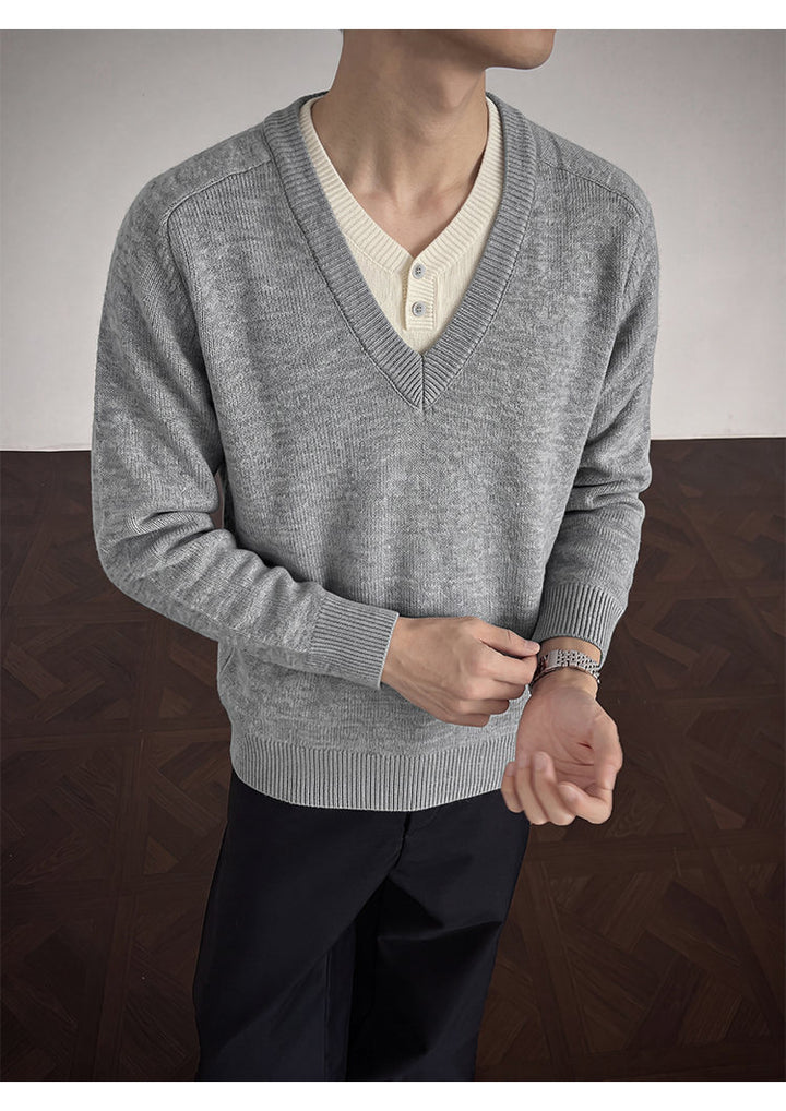 Layered V-neck knit sweater, front view of the gray layered V-neck