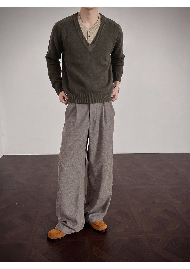 Layered V-neck knit sweater, full-length view of the brown sweater