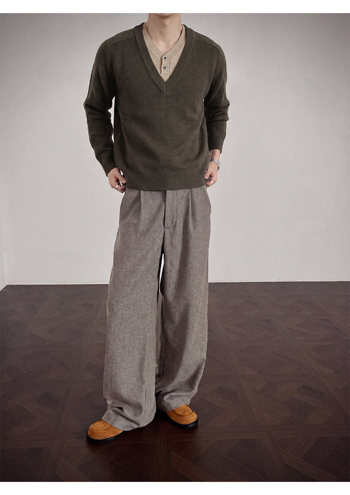 Layered V-neck knit sweater, full-length view of the brown sweater