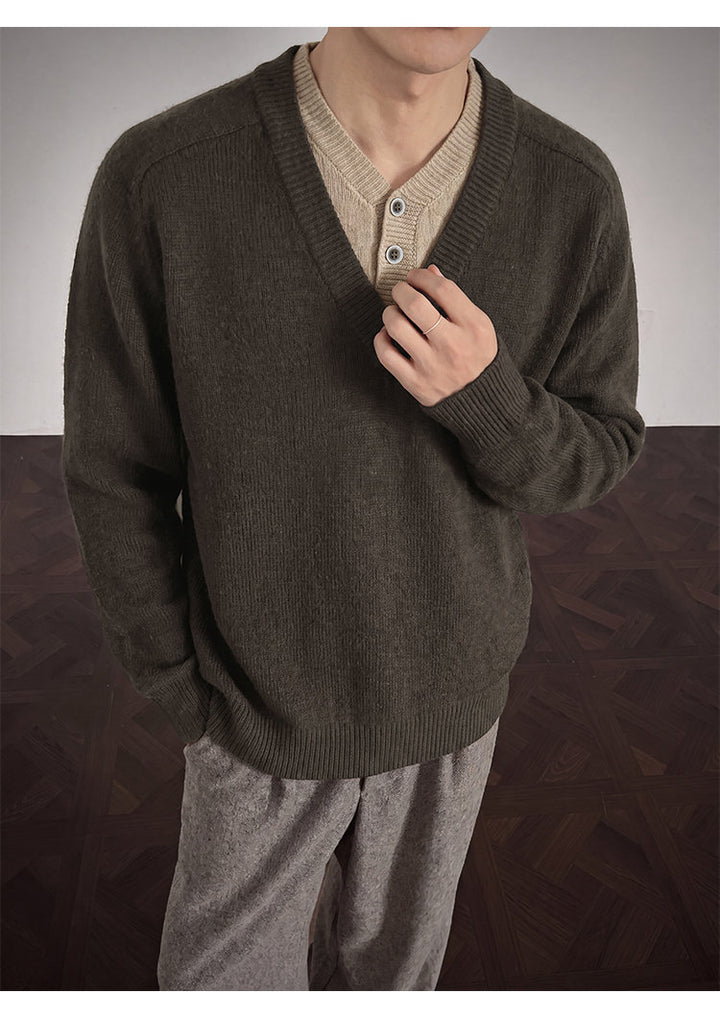 Layered V-neck knit sweater, front view of the brown V-neck