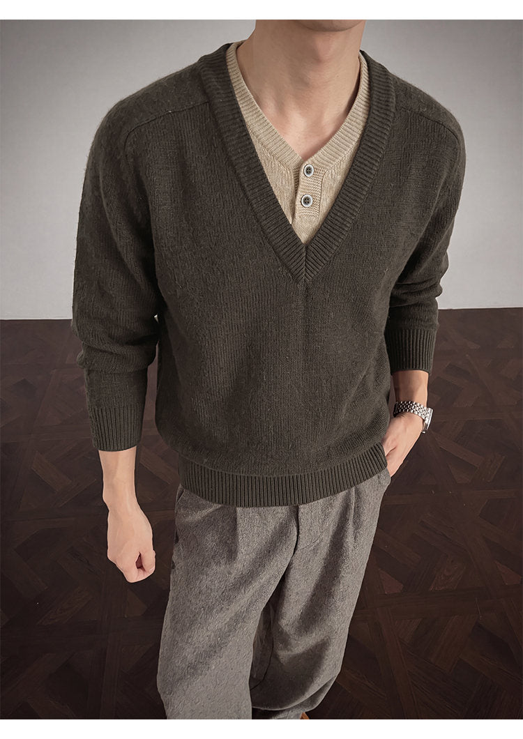 Layered V-neck knit sweater, front view of the brown sweater