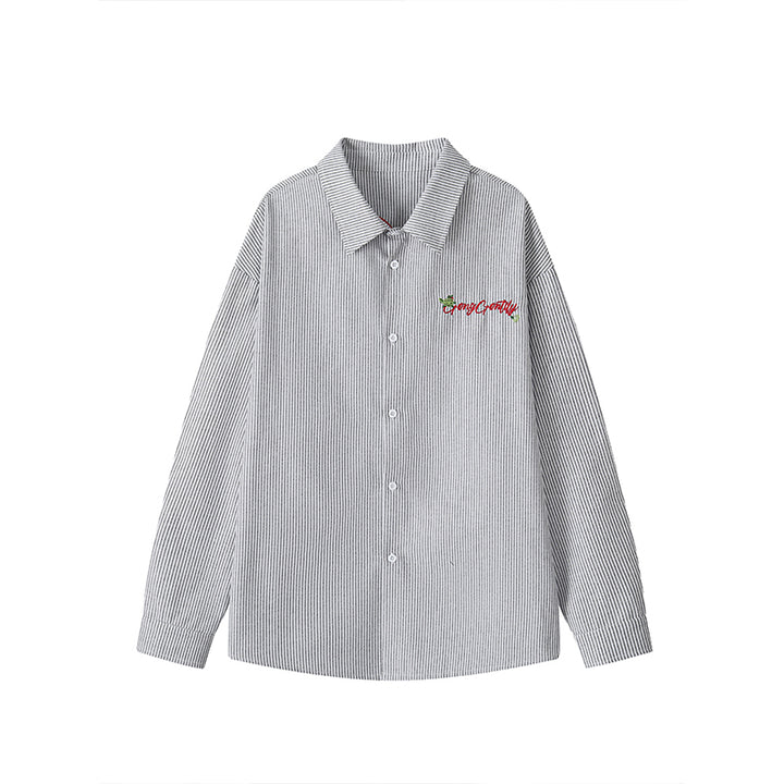 Letter-embroidered shirt, flat-lay view showing the front embroidery
