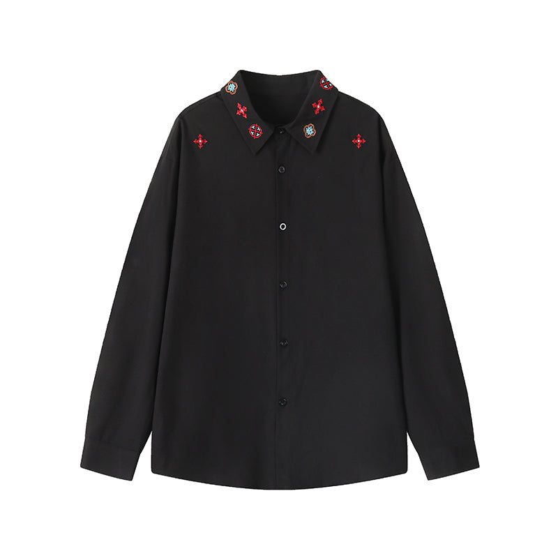Minimal-embroidered shirt, flat-lay view of the black embroidered shirt
