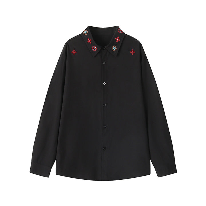 Minimal-embroidered shirt, flat-lay view of the black embroidered shirt