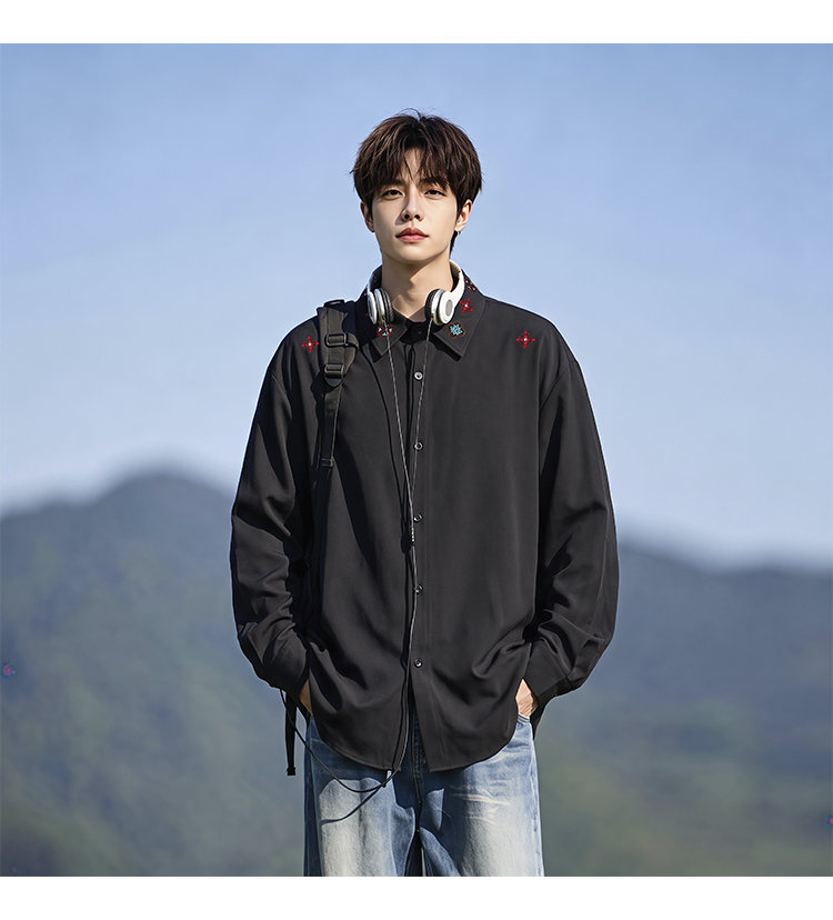 Minimal-embroidered shirt, front view showing the black collar detail
