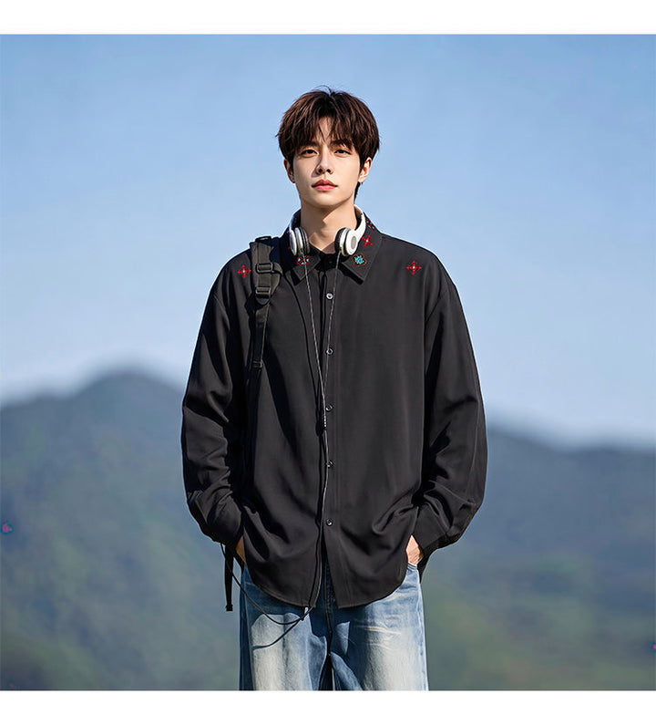 Minimal-embroidered shirt, front view showing the black collar detail