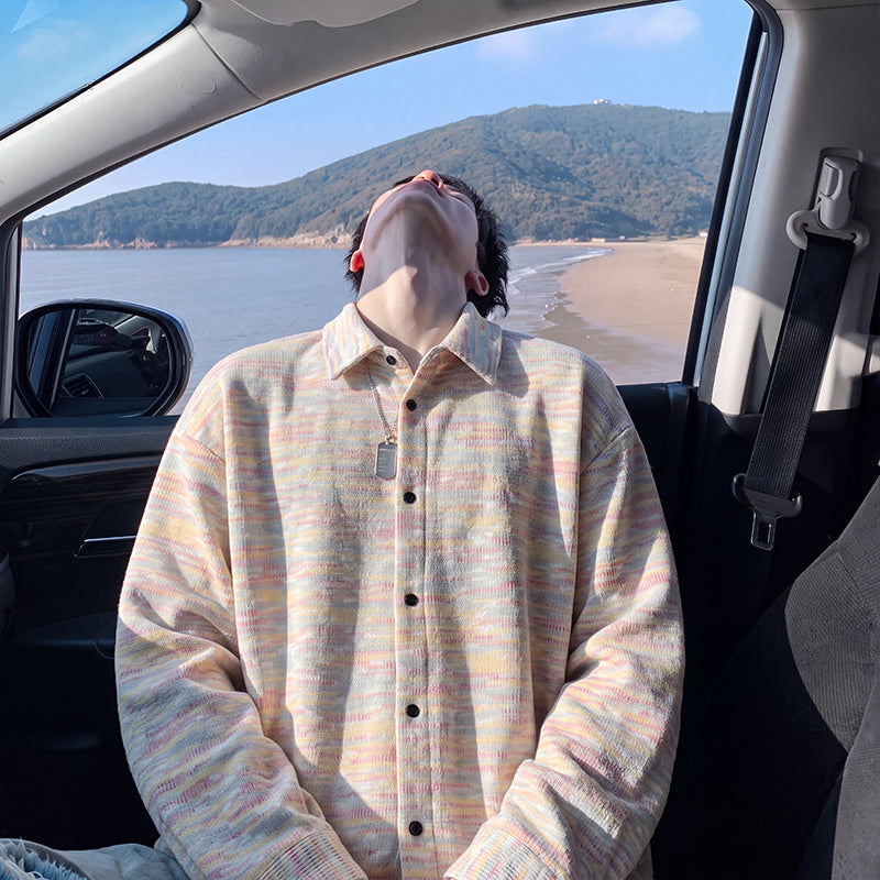 Pastel tie-dye shirt jacket, front view showing the pastel tie-dye bands